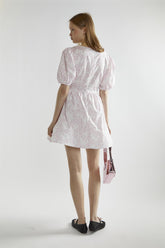 White-Pink Bow V-Neck Mini-Dress